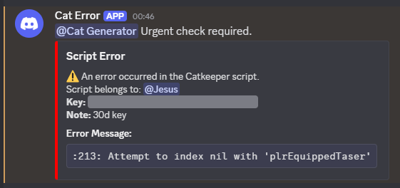 A Discord webhook message titled "Script Error" pinging a user and showing the script owner, hidden key, note and error message