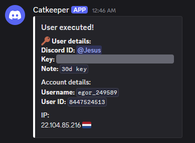 A Discord webhook message titled "User executed!" showing the Discord ID, hidden key, note, Roblox username, user ID and IP with country flag