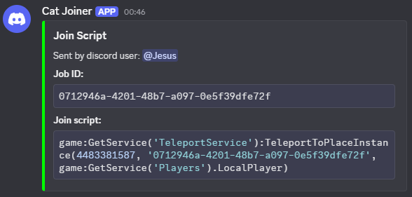 A Discord webhook message titled "Join Script" showing the Job ID and a TeleportToPlaceInstance join script