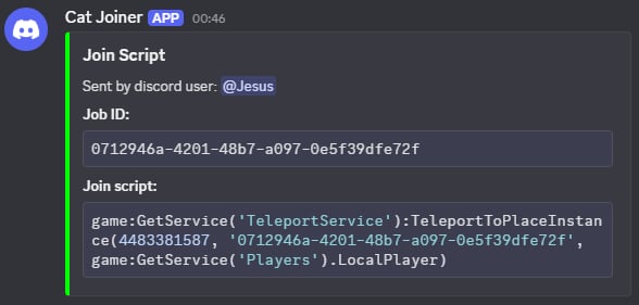 A Discord webhook message titled "Join Script" showing the Job ID and a TeleportToPlaceInstance join script
