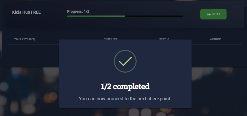 Checkpoint completion screen showing 1/2 completed