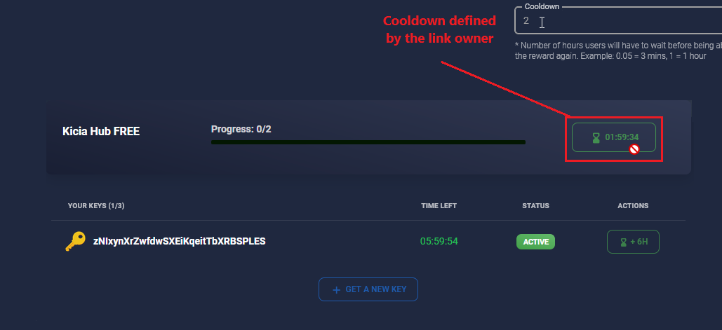 Cooldown timer shown in place of the Next button, next to the link owner's Cooldown setting