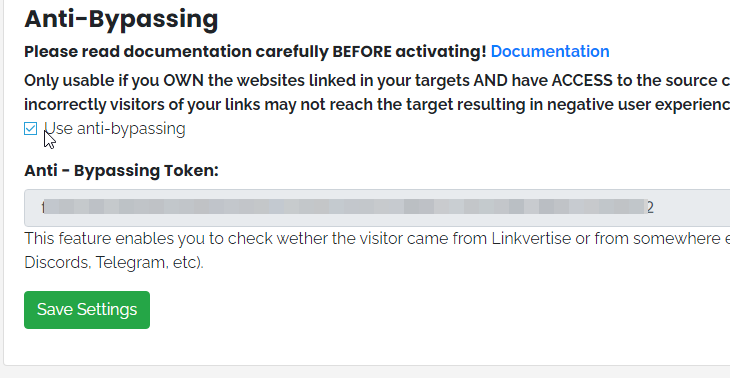 Linkvertise Anti-Bypassing settings with the generated token and Save Settings button