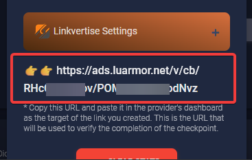 Checkpoint callback URL shown under Linkvertise Settings