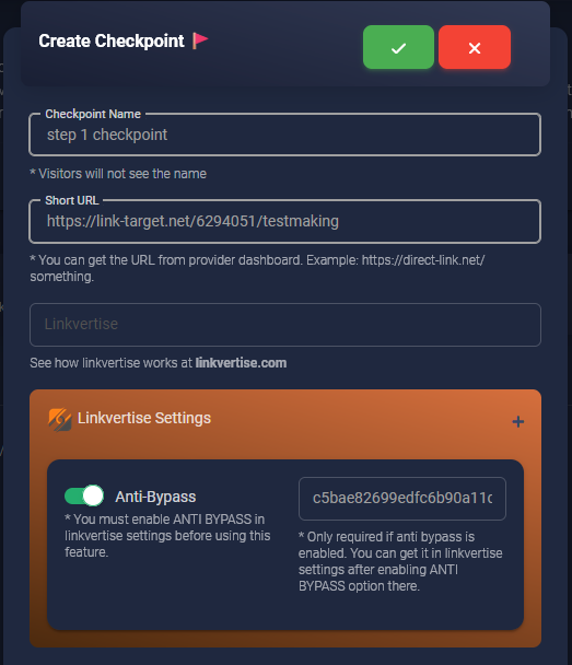 Luarmor Create Checkpoint form with Linkvertise Anti-Bypass enabled and the token pasted