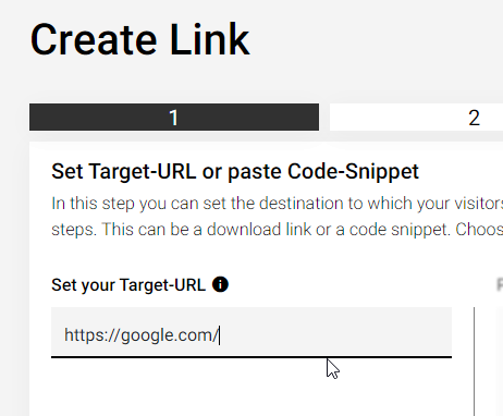 Linkvertise Create Link page with a placeholder target URL