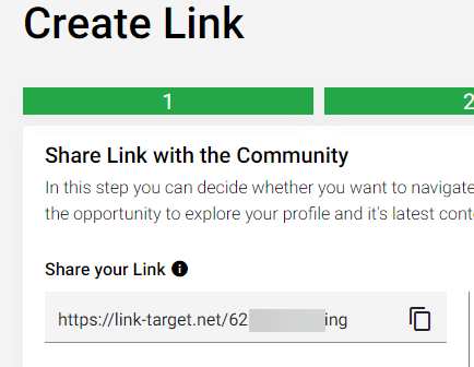Linkvertise share link step showing the generated link-target.net URL