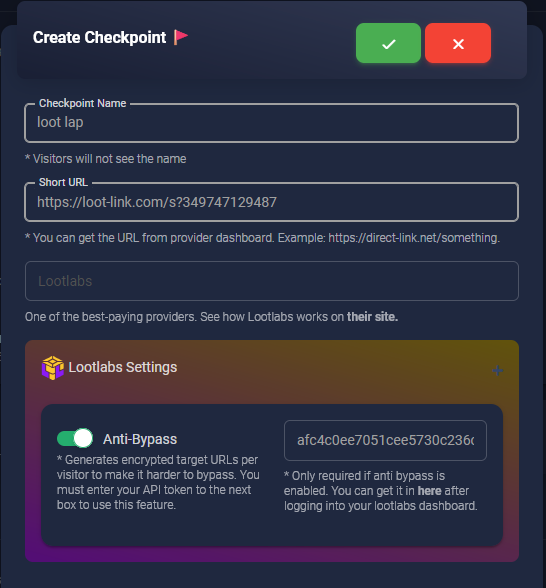 Luarmor Create Checkpoint form with Lootlabs Anti-Bypass enabled and the API key pasted