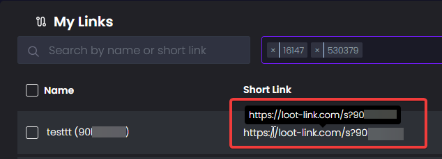 Lootlabs My Links table with the short link highlighted