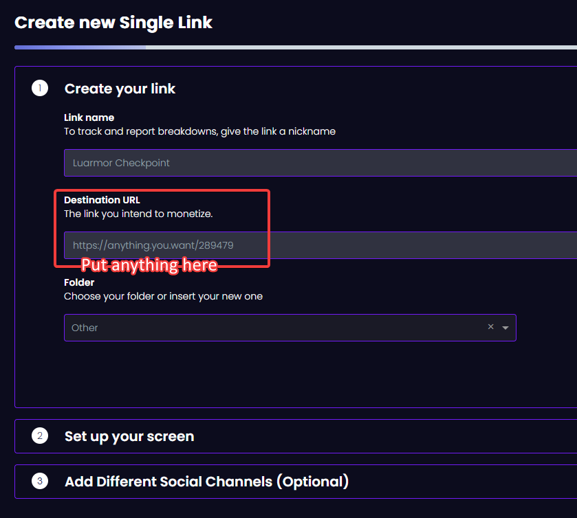 Lootlabs Create new Single Link form with any destination URL