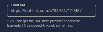Short URL field in the Luarmor checkpoint creation form with a Lootlabs URL