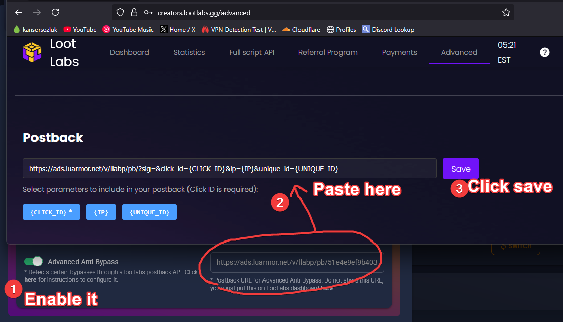 Enabling Advanced Anti-Bypass in Luarmor and pasting the postback URL into the Lootlabs Advanced page, then clicking Save