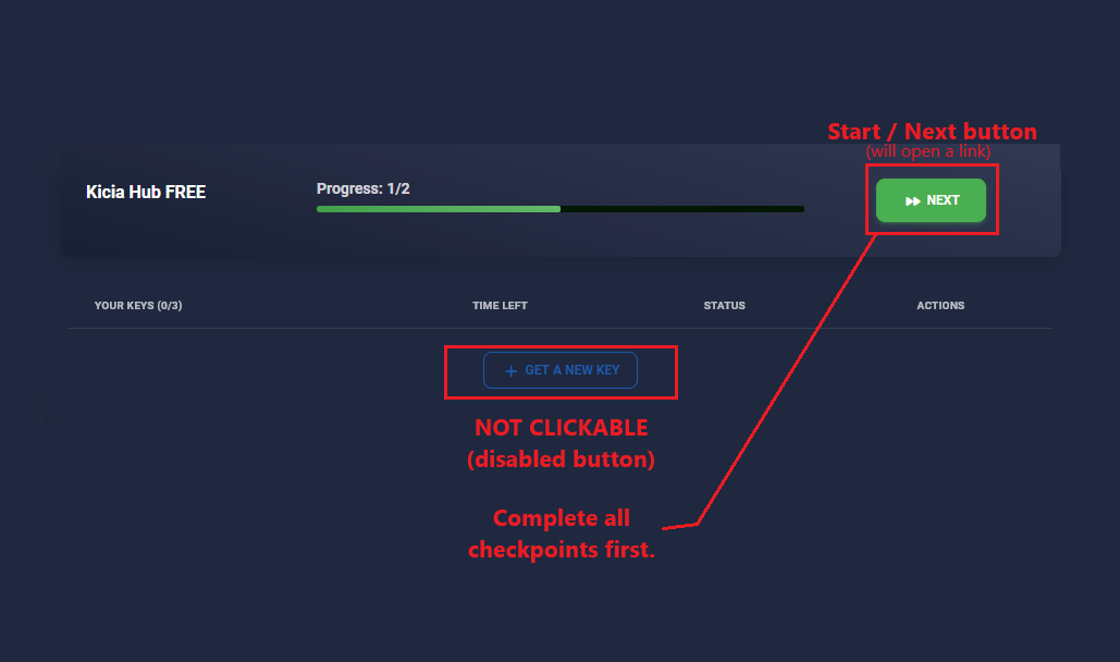 Incomplete reward session with the Next button highlighted and the disabled Get a New Key button