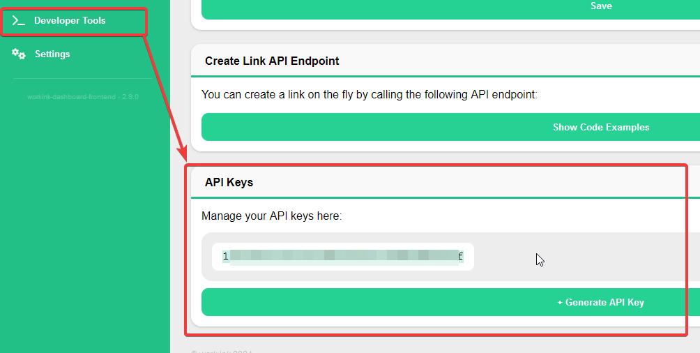 Work.Ink Developer Tools page with the API Keys section and Generate API Key button