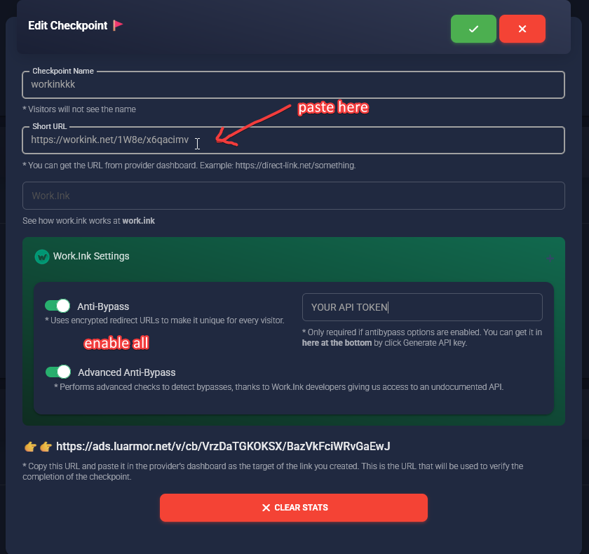 Luarmor checkpoint form with the Work.Ink URL pasted, API token entered and both anti-bypass toggles enabled