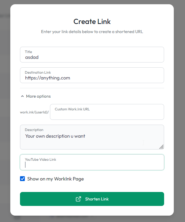 Work.Ink Create Link form with a placeholder destination link