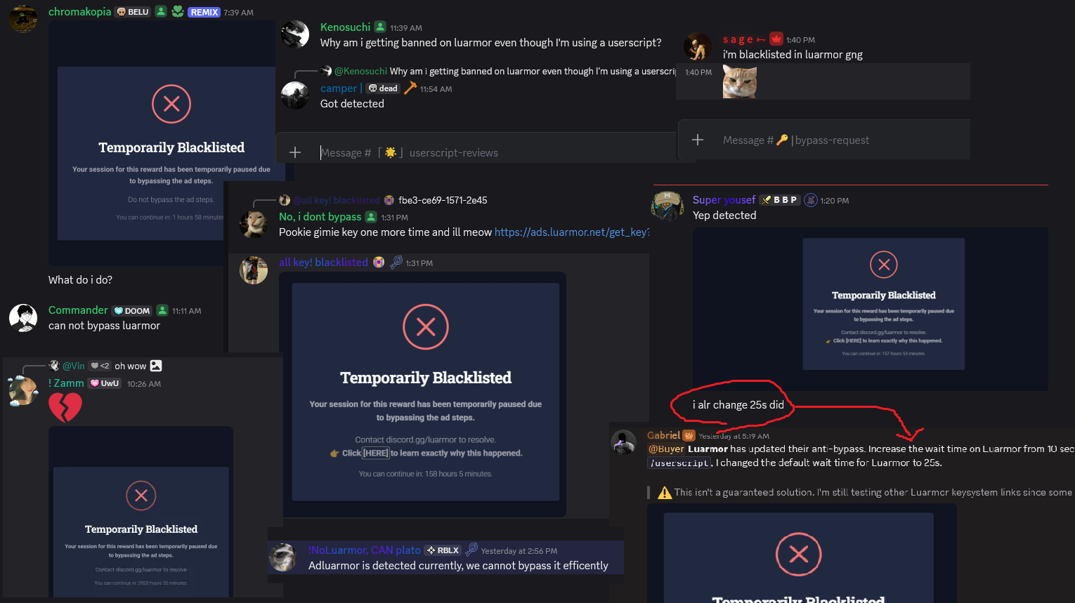 Discord messages from bypass communities showing users hitting the Temporarily Blacklisted screen