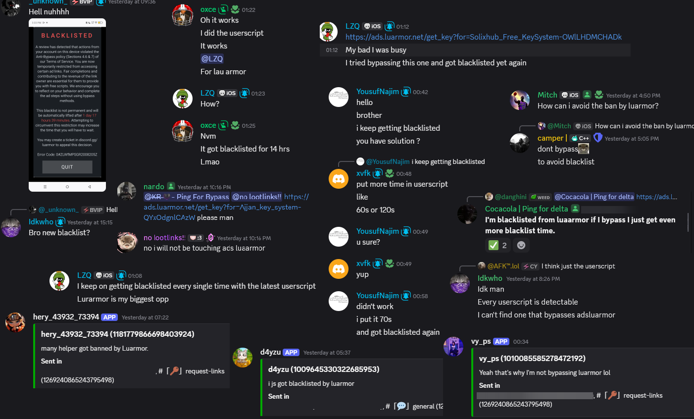 Discord messages from users reporting they keep getting blacklisted while using bypass userscripts