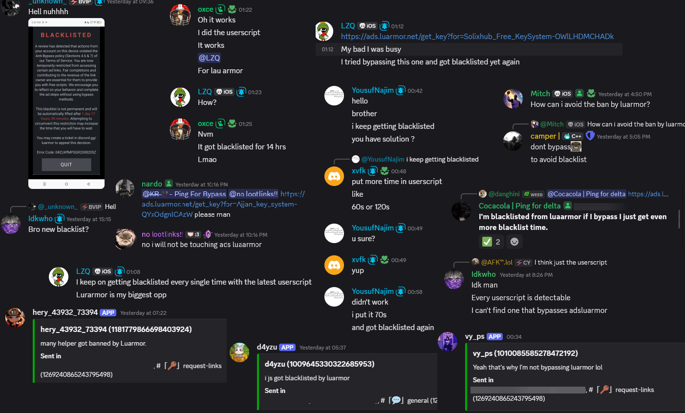 Discord messages from users reporting they keep getting blacklisted while using bypass userscripts