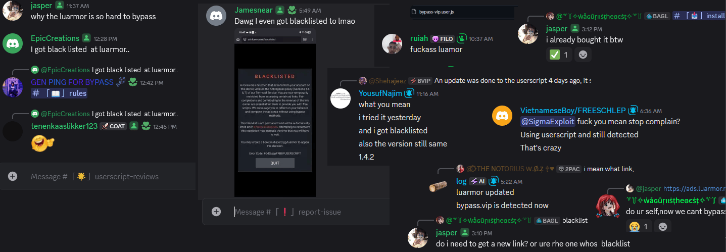 Discord messages reporting that the bypass.vip userscript is now detected