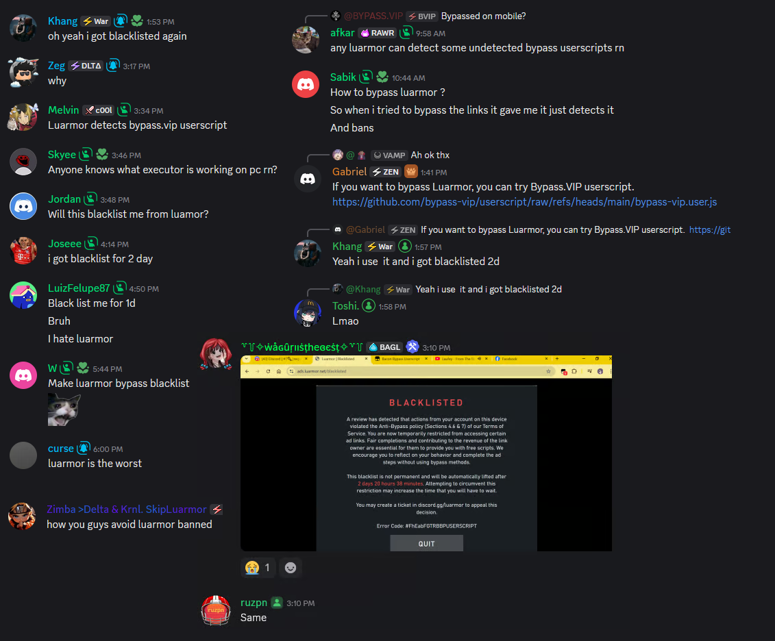Discord messages from users blacklisted for days after using bypass userscripts