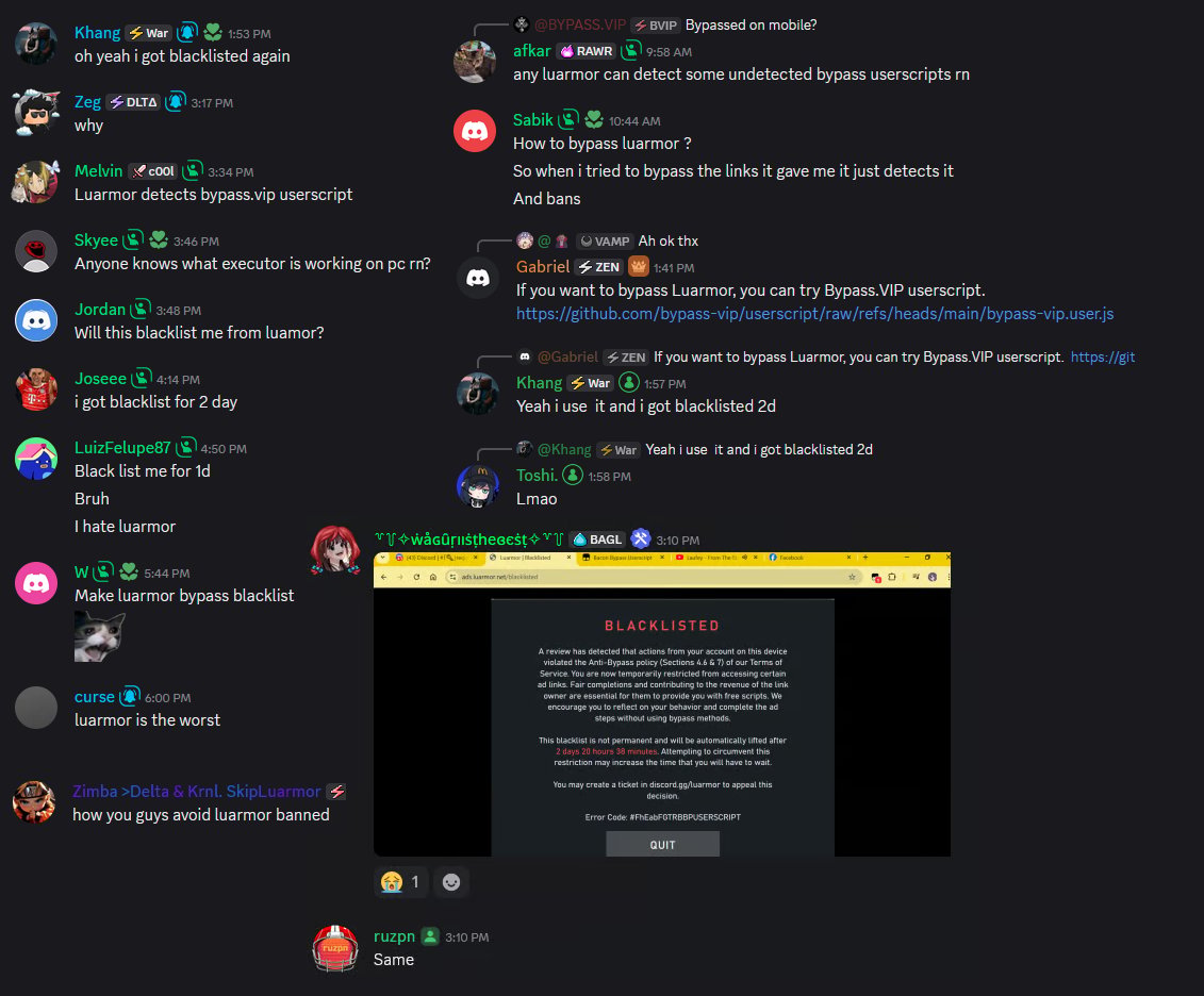 Discord messages from users blacklisted for days after using bypass userscripts