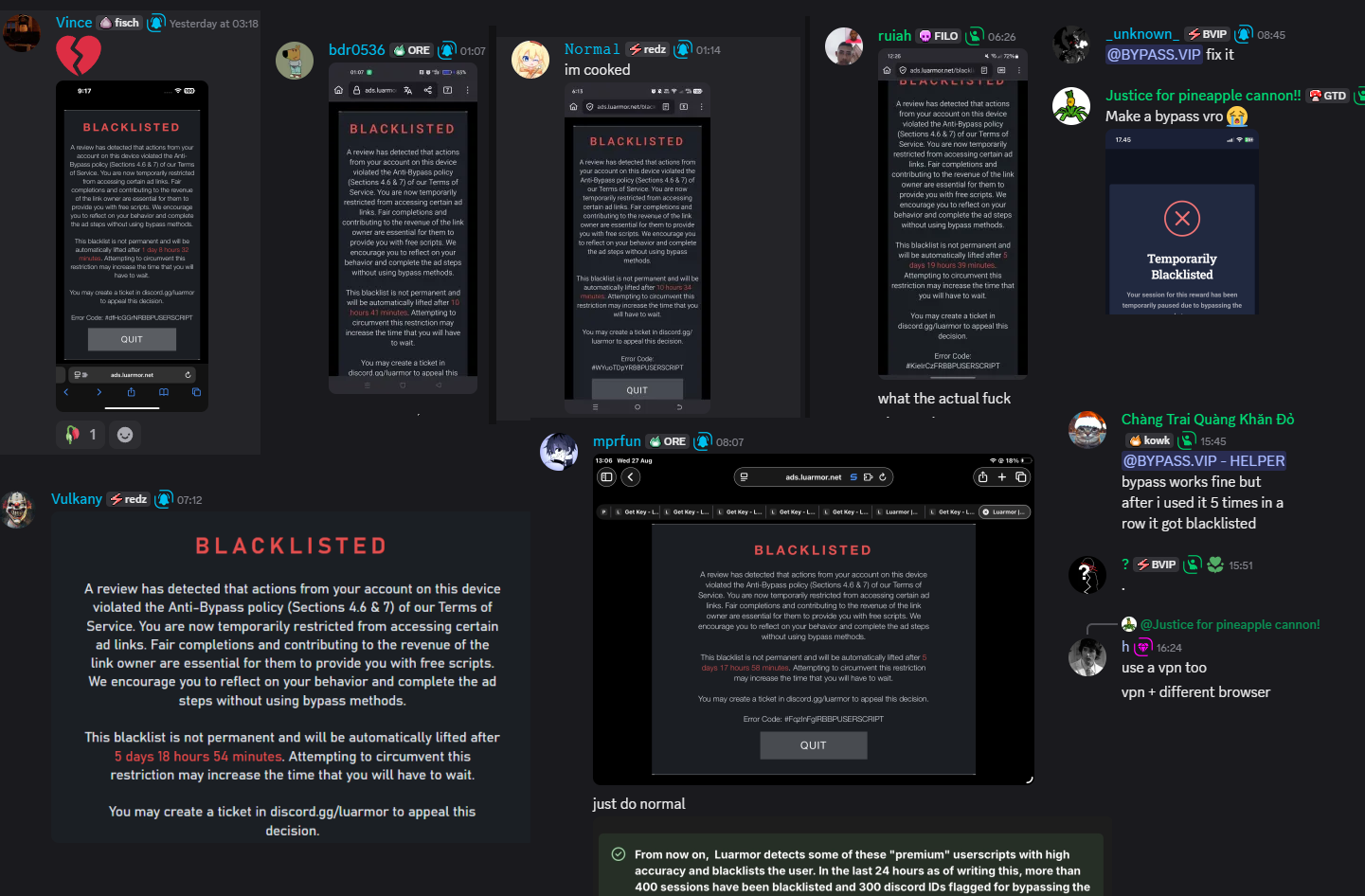 Screenshots of the Luarmor Blacklisted screen shared by users in bypass communities