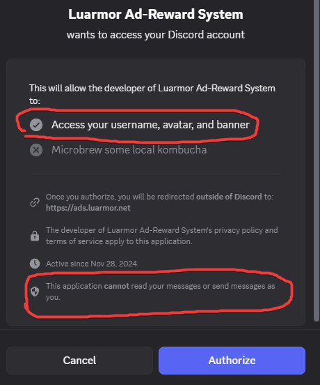 Discord OAuth2 authorisation screen for the Luarmor Ad-Reward System requesting only username, avatar and banner access