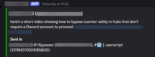 Flagged Discord message in a public bypass channel sharing a method to bypass Luarmor