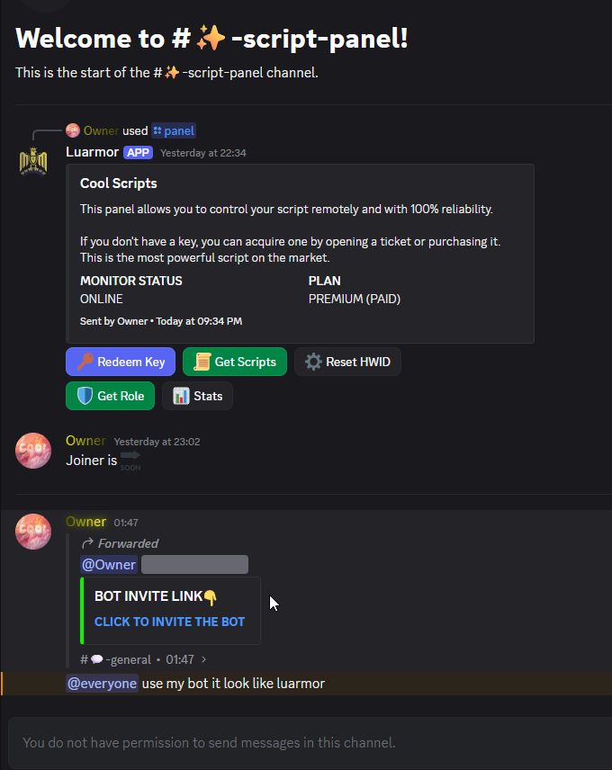 Cool Hub script panel using a fake Luarmor-looking bot that will steal your items via whatever script it gives you