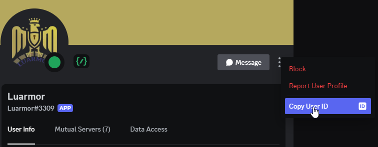 Luarmor bot profile with the Copy User ID option highlighted