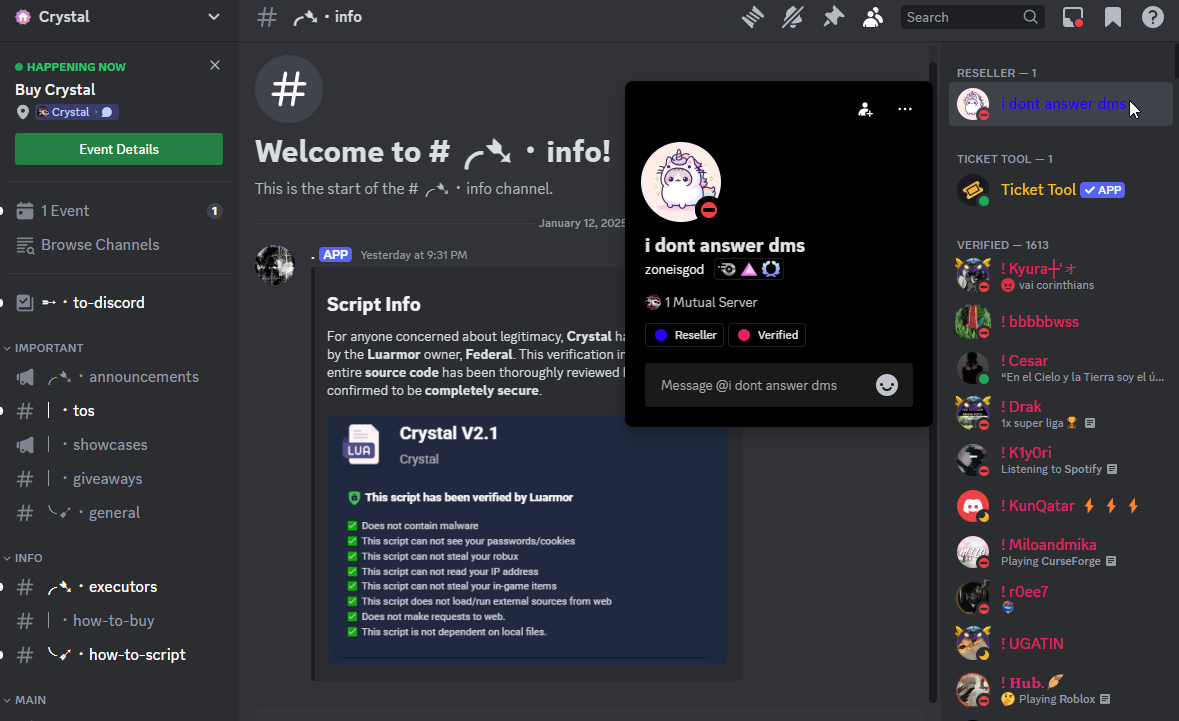 Crystal info channel misusing a Luarmor verification card to claim the script is secure