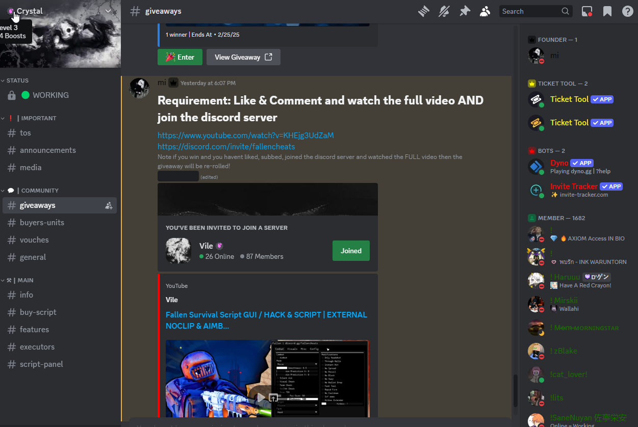 Crystal giveaways channel promoting the Vile server and a YouTube video