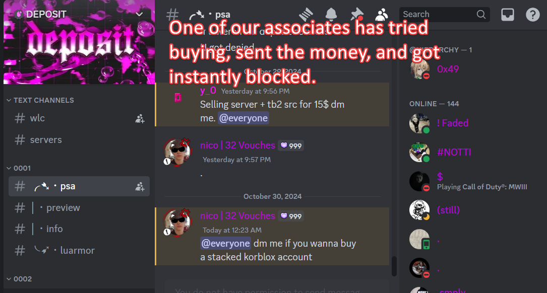 DEPOSIT psa channel annotated: one of our associates tried buying, sent the money, and got instantly blocked