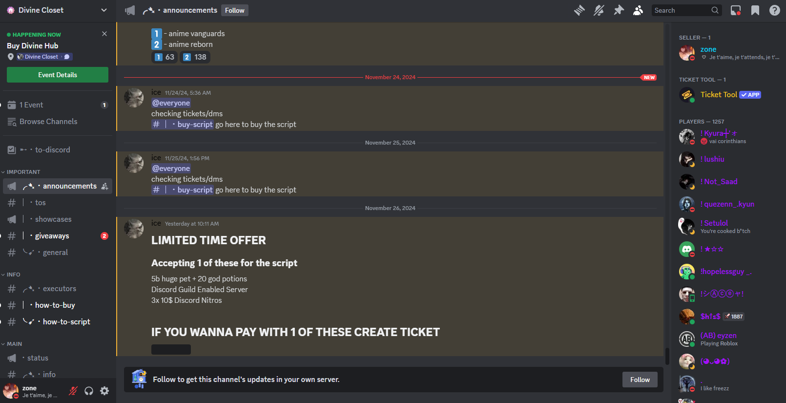 Divine Closet announcements offering the script in exchange for in-game pets, potions or Discord Nitro