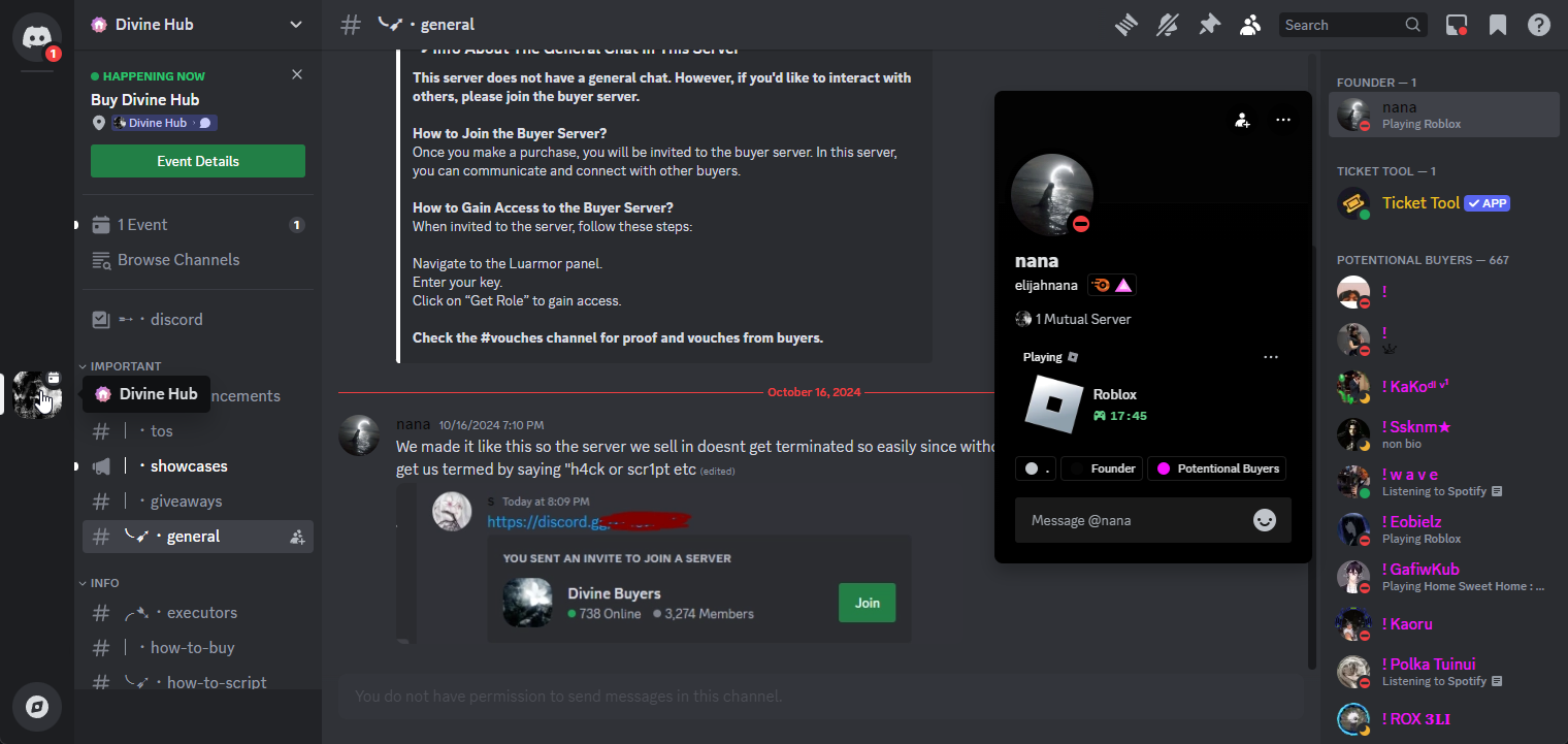 Divine Hub general channel with no chat, redirecting everyone to a "buyer server"