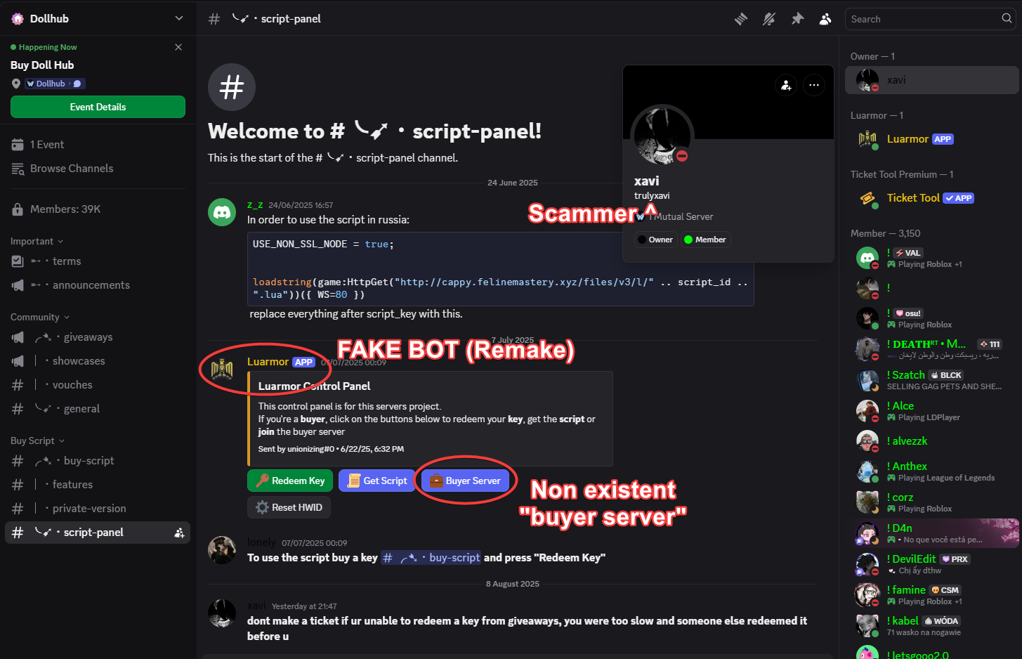 Dollhub script panel run by the same owner, using a remade fake Luarmor bot and a non-existent buyer server button