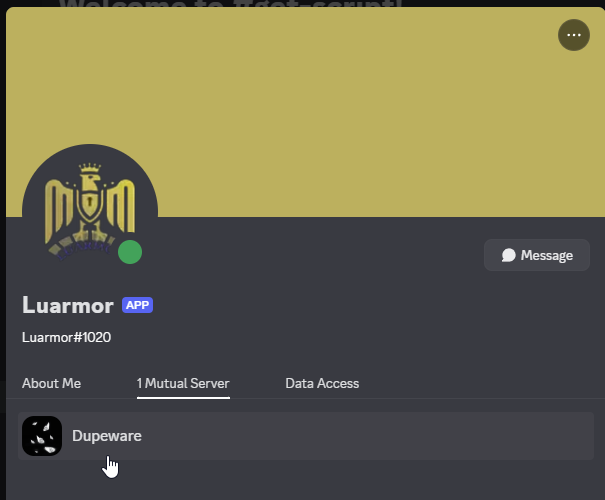Fake Luarmor#1020 bot whose only mutual server is Dupeware