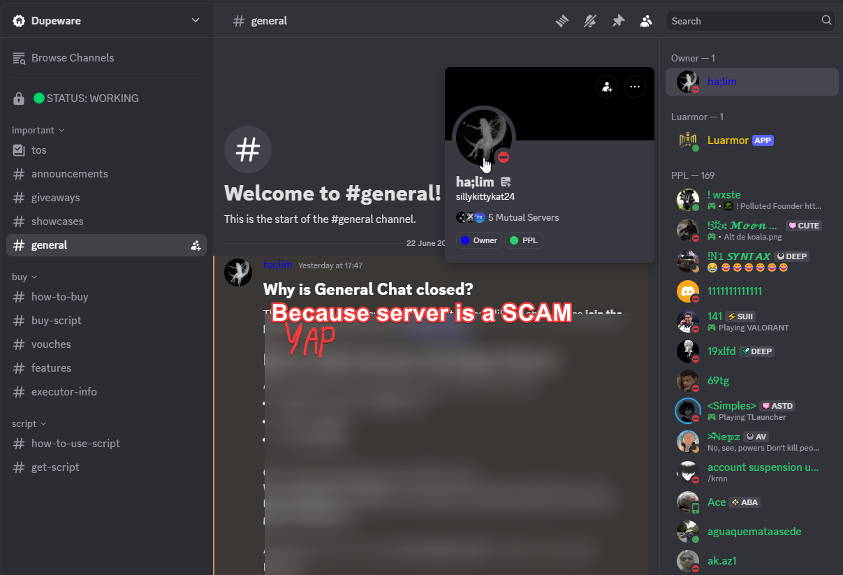 Dupeware general channel closed by the owner, annotated "Because server is a SCAM"