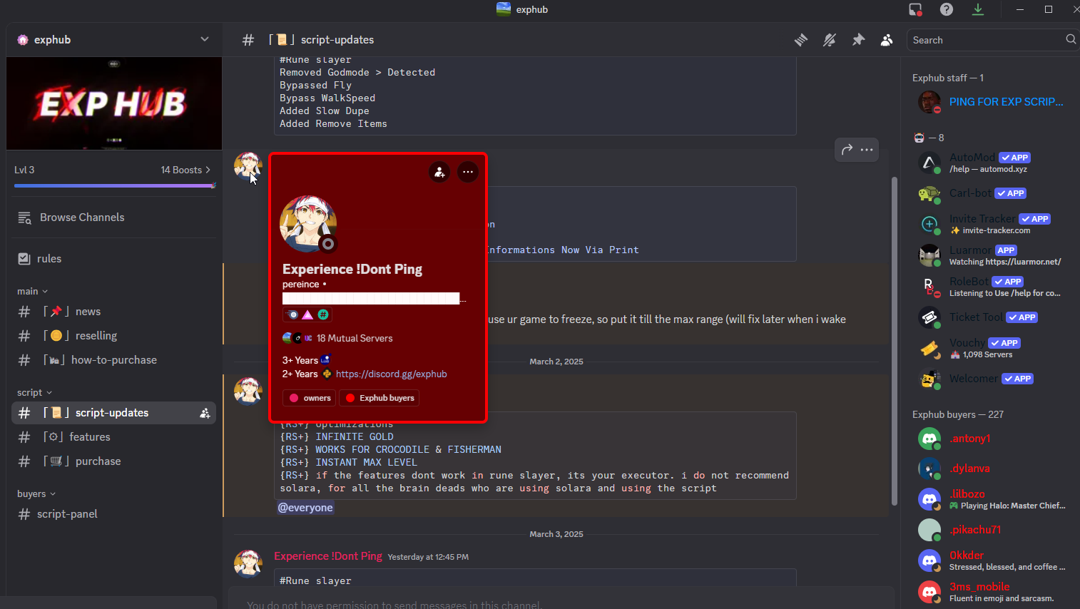 exphub script-updates channel with the owner's profile (pereince) open