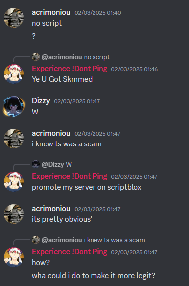 Chat where the exphub owner tells a buyer "Ye U Got Skmmed" and asks how to make the server look more legit