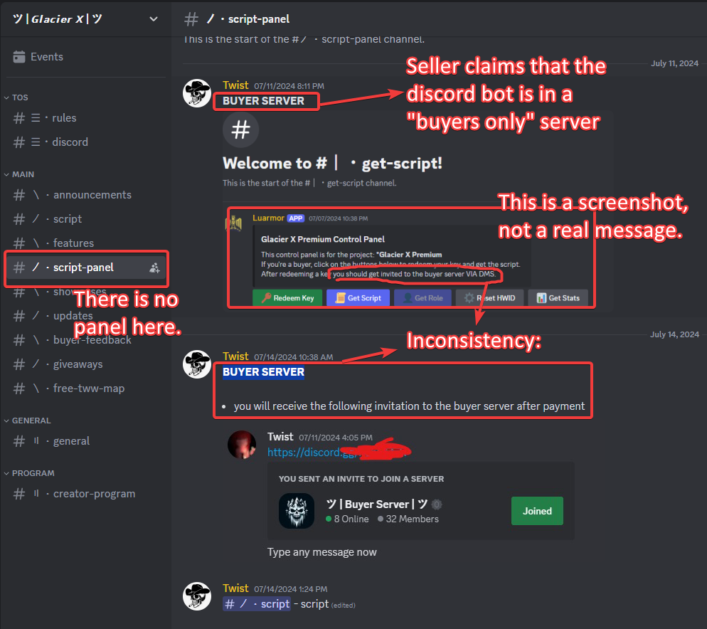 Glacier X script-panel channel annotated: the seller claims the bot is in a "buyers only" server, the panel is only a screenshot, and the messages are inconsistent