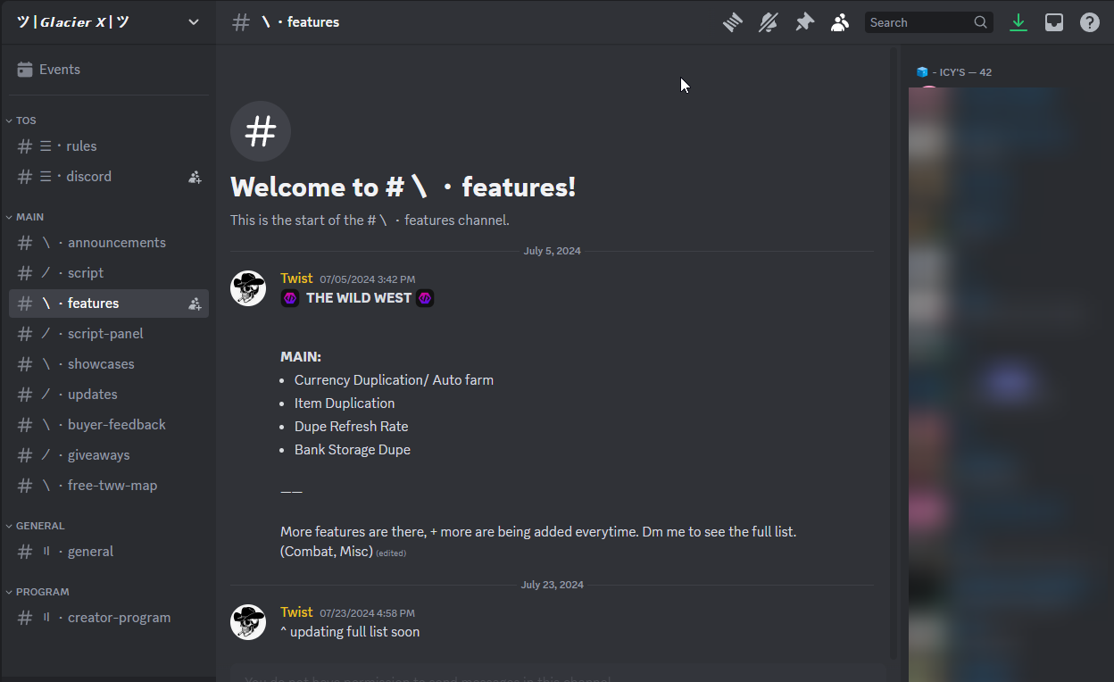 Glacier X features channel advertising currency and item duplication