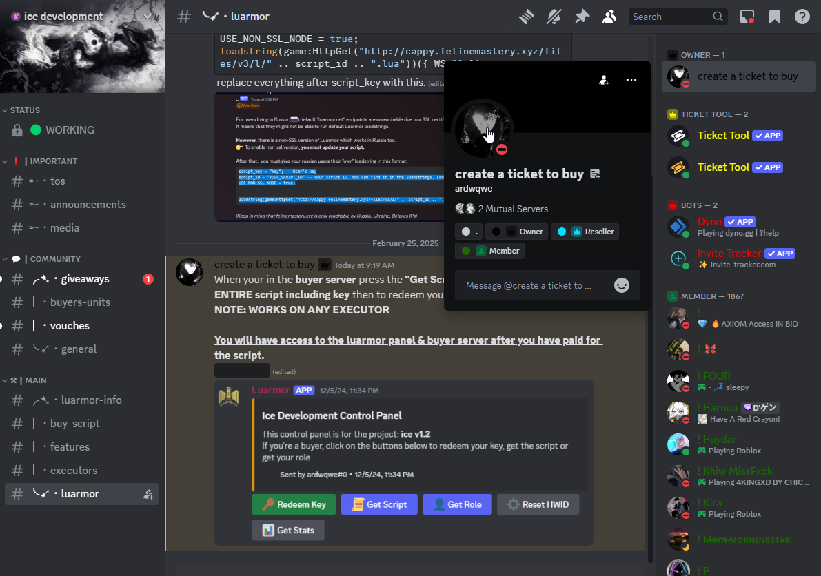 ice development luarmor channel with the owner ardwqwe's profile open