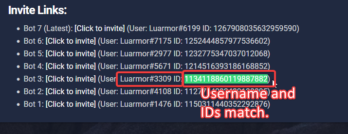 Official bot invite list on luarmor.net/bot with the username Luarmor#3309 and ID 1134118860119887882 highlighted as matching