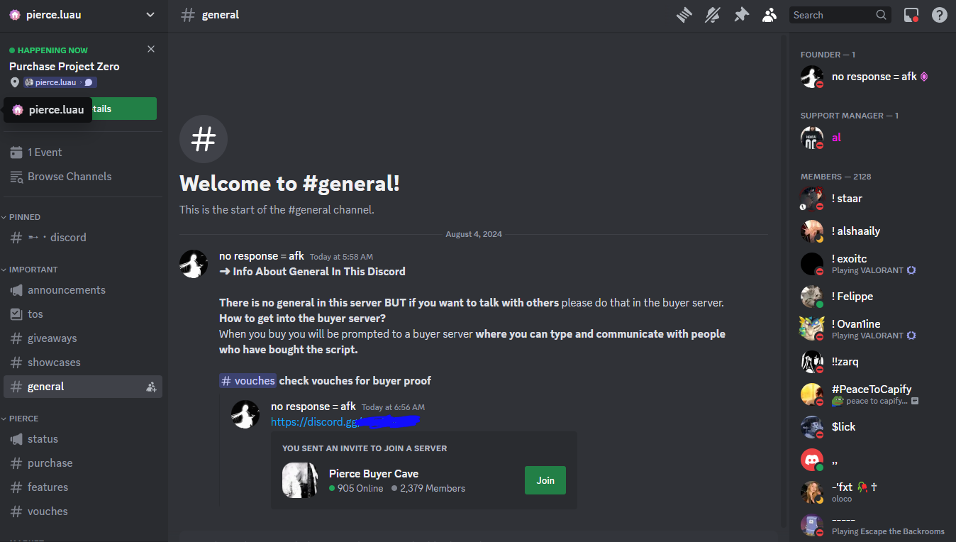 pierce.luau general channel with no chat, redirecting users to a "Pierce Buyer Cave" server