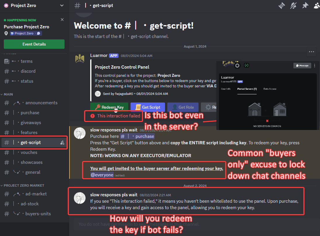 Project Zero get-script channel where the Luarmor panel says "This interaction failed" and the bot has no mutual servers