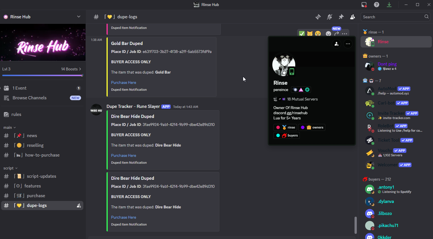 Rinse Hub dupe-logs channel with fake "item duped" notifications, owned by pereince