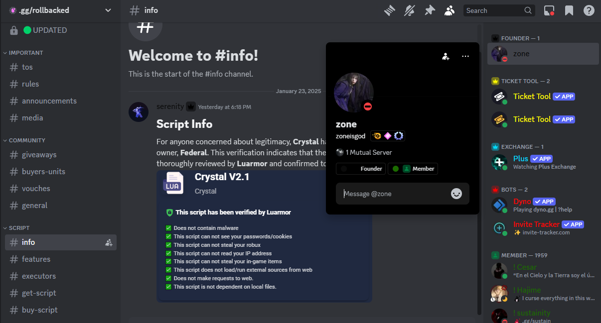gg/rollbacked info channel showing a "verified by Luarmor" card to claim legitimacy