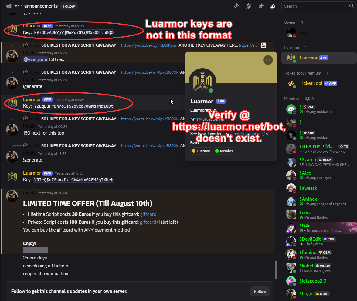 Sapphire announcements with a fake Luarmor bot posting keys in a format Luarmor never uses